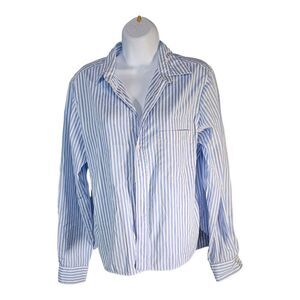 Frank & Eileen Silvio Button Up Shirt Boxy Long Sleeve Blue White Striped Medium